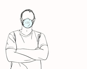 Man with no face in medical mask with arms crossed over his chest, Hand drawn portrait, Coronavirus prevention. Vector sketch