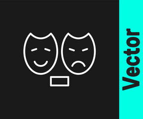 White line Comedy and tragedy theatrical masks icon isolated on black background. Vector.