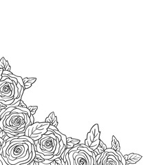 Rose bouquet corner decoration, Flower bud and leaf black hand drawn contour line on white background. Frame border for greeting card, invitation, wedding, birthday, mother's day and other holiday