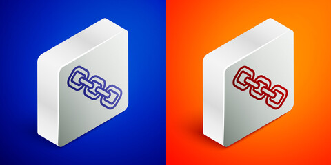 Isometric line Chain link icon isolated on blue and orange background. Link single. Hyperlink chain symbol. Silver square button. Vector.