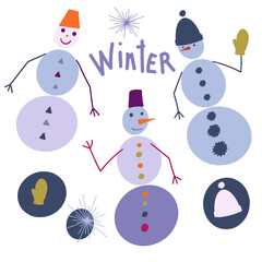 Colorful isolated vector design illustration card with abstract cartoon snowmen in blue colors. Abstract design. Can be used for printing on paper, stickers, badges, bijouterie, cards, textiles. 