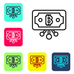 Black line Cryptocurrency bitcoin in circle with microchip circuit icon isolated on white background. Blockchain technology, digital money market. Set icons in color square buttons. Vector.