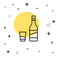 Black line Bottle of vodka with glass icon isolated on white background. Random dynamic shapes. Vector.