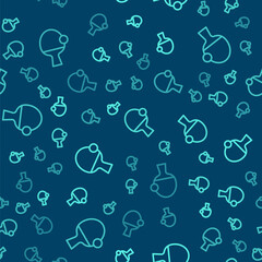 Green line Racket for playing table tennis icon isolated seamless pattern on blue background. Vector.