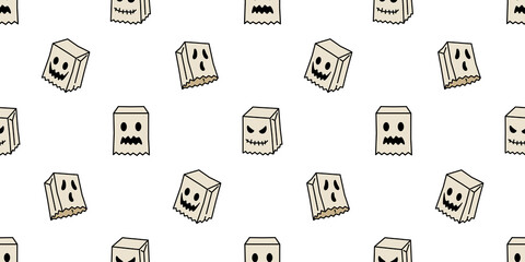 Ghost seamless pattern Halloween spooky cartoon vector paper bag tile background scarf isolated repeat wallpaper evil devil doodle illustration gift wrap paper design