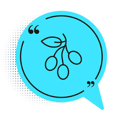 Black line Olives branch icon isolated on white background. Blue speech bubble symbol. Vector.