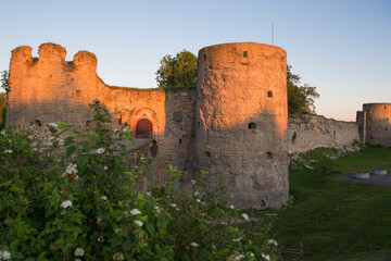 Fototapeta premium Medieval fortress with towers and walls made by rough stone among green trees and grass in the morning sunlight