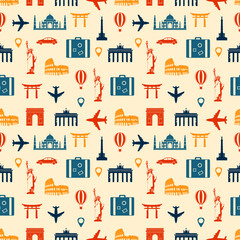 Travel composition with famous world landmarks. Seamless pattern. Vector