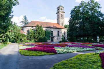 City park in Fürth with church at the blue sky, Bavaria Germany