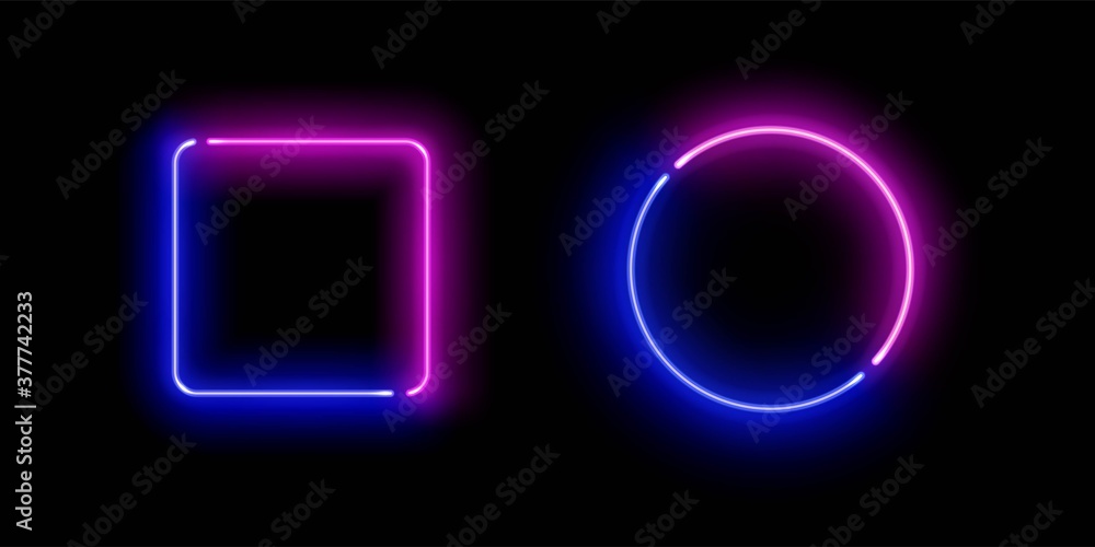 Poster realistic gradient neon square and circle frames. pink and blue colored blank templates isolated on 