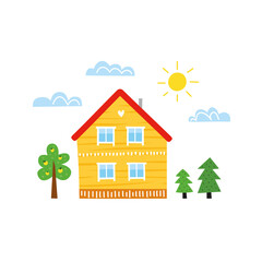 Fototapeta premium Cute doodle colorful cottage with garden trees, clouds, sun isolated on white background. Simple children illustration. Wooden Russian village house.