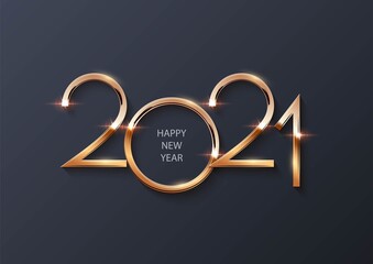 Glowing shiny golden new 2021 year number symbol on gray background. Festive winter holiday merry Christmas decoration. Vector 2021 New Year illustration.