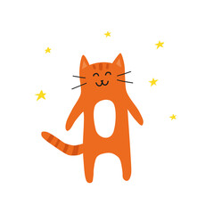 Cute doodle orange or ginger smiling cat with stars around isolated on white background.