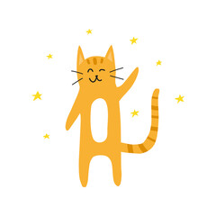 Cute doodle yellow or ginger welcoming and winking cat with stars around isolated on white background.