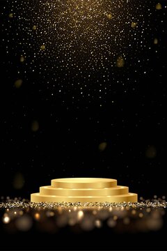 Golden award round podium with shiny glitter and sparkles isolated on dark background. Vector realistic illustration of symbol of victory, achievement of success, rewarding of winner.