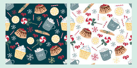 Fototapeta na wymiar Two various vector seamless pattern of Christmas sweets. Christmas seamless background with cupcakes, lollipops, marshmallows, snowflakes, citrus slices