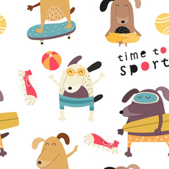 Childish colorful seamless pattern with funny dogs and sport theme. Vector Illustration. Kids illustration for nursery art. The print is perfect for baby clothes, greeting card, wrapping paper.