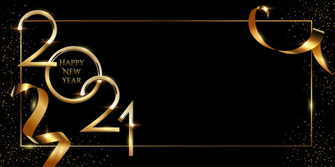 Happy new year greeting card vector template. Festive christmas social media banner design with congratulations. Golden 2021 number in frame with confetti realistic illustration with typography.