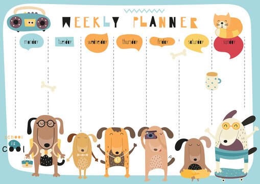 Weekly planner with funny dogs in doodle cartoon style. Kids schedule design template with pets. Vector illustration.