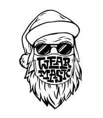 Vector template with hand drawn Santa in medical mask. Lettering WEAR MASK isolated on white background. Monochrome illustration for logo, print, postcard, banner, sign on door in pandemic, epidemic