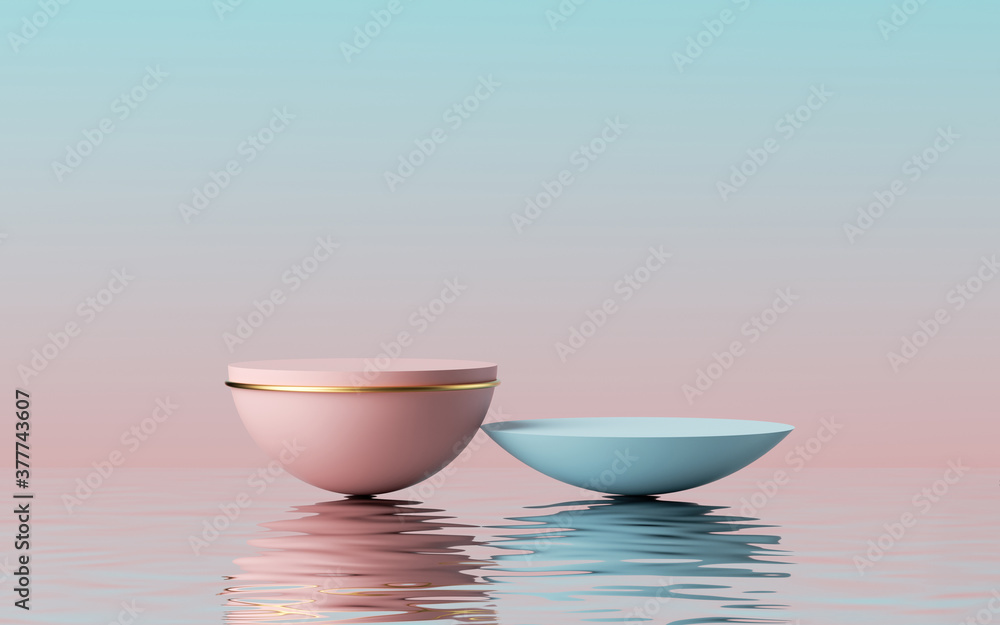 Poster 3d render, abstract modern minimal pink blue background with empty hemispherical platforms and refle