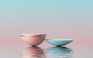 3d render, abstract modern minimal pink blue background with empty hemispherical platforms and reflection in the water on the wet floor. Showcase with space for product displaying