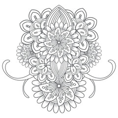 A Printable Doodle flowers in monochrome for coloring page, cover, wedding invitation, greeting card, wall art isolated on white background. Hand drawn sketch for adult anti stress coloring page.