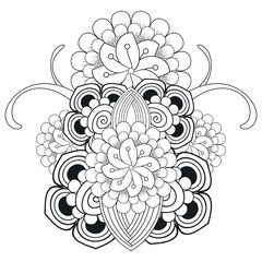 Fototapeta premium A Printable Doodle flowers in monochrome for coloring page, cover, wedding invitation, greeting card, wall art isolated on white background. Hand drawn sketch for adult anti stress coloring page.