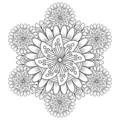 A Printable Doodle flowers in monochrome for coloring page, cover, wedding invitation, greeting card, wall art isolated on white background. Hand drawn sketch for adult anti stress coloring page.