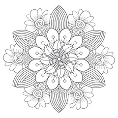 A Printable Doodle flowers in monochrome for coloring page, cover, wedding invitation, greeting card, wall art isolated on white background. Hand drawn sketch for adult anti stress coloring page.