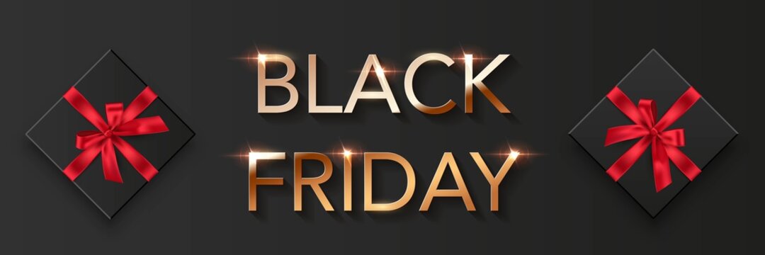 Black friday sale poster background. Premium offer with discounts advert. Gold font, black boxes with red bows. Special offer vector illustration. Modern elegant promo flyer