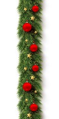 Green christmas branch with red balls, gold stars on white background. Fir natural vertical seamless decoration. Realistic vector merry xmas, new year traditional ornament with garland