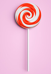 Flat lay red and white lollipop on pink background. Sweet candy concept. 3D rendering and 3D illustration.