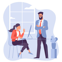 Young people, men and women taking part in business meeting, negotiation, brainstorming, talking to each other. Flat design vector concept for website, lamding, mobile app, poster and banner.