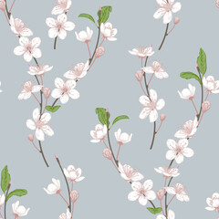 Seamless Spring Themed Floral White Cherry Blossoms with Green Leaves for Textile and Fabric Pattern. 