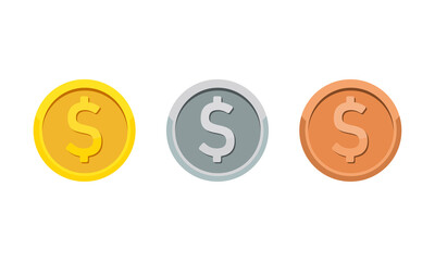 Obraz premium Gold, silver and bronze coins with dollar symbol. Rank medal flat icon set. Vector on isolated white background. EPS 10