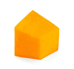 One Pumpkin piece  isolated on white background. Macro. Orange autumn pumpkin chunk .