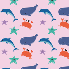 Pattern of flat illustrations of marine life marine fish and animals. Dolphins and whales, sharks and octopuses, jellyfish and seahorses. Set of cute animals icons isolated on white background.