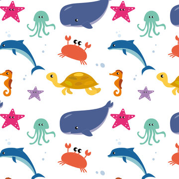 Pattern of flat illustrations of marine life marine fish and animals. Dolphins and whales, sharks and octopuses, jellyfish and seahorses. Set of cute animals icons isolated on white background.
