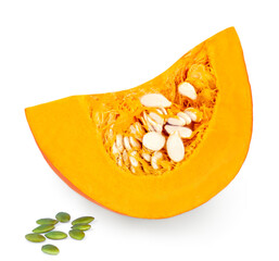  Orange Pumpkin  isolated on white background. Decorative pumpkin cut in a half and sliced close up.