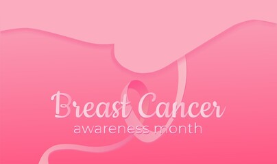Vector illustration on the theme of women's health, dedicated to breast cancer screening. In soft pink tones with gradients and imitation of cut text. With a silhouette of a woman's breast.