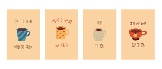 Set of cards with cute cups of tea and different phrases. Vector cartoon