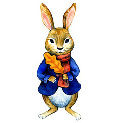 A rabbit with autumn yellow leaf in a blue coat - autumn-winter season illustration. Watercolor isolated element on white background.