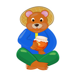 Cartoon bear holding a jar with honey. Vector illustration.