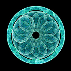 A green or turquoise abstract flower with many petals is inscribed in a circle. The circle is decorated with a pattern. Graphic design element on a black background. 3d rendering. 3d illustration.