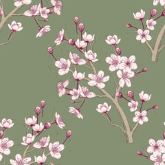 Seamless Spring Themed Floral Pink Cherry Blossoms with Pink Buds for Textile and Fabric Pattern. 