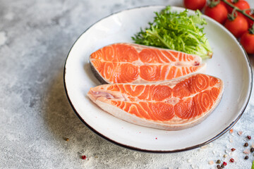 salmon fish raw red steak fillet seafood serving size copy space for text diet pescetarian