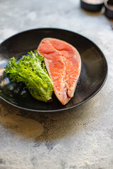 salmon fish raw red steak fillet seafood serving size copy space for text diet pescetarian