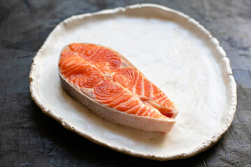 salmon fish raw red steak fillet seafood serving size copy space for text diet pescetarian
