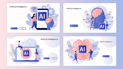 AI. Artificial intelligence concept. Digital brain with neural network. Screen template for mobile smart phone, landing page, template, ui, web, mobile app, poster, banner, flyer. Vector illustration